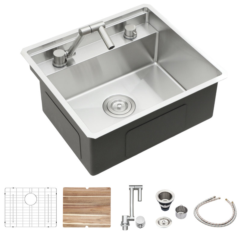 21 Inch Undermount Kitchen Sink, 16 Gauge Stainless Steel Build, 360 Folding Faucet, Cutting Board, Invisible Design For A Seamless Work Area, X - Shaped Water Guide, Coating And 3Mm Pad, Comes With