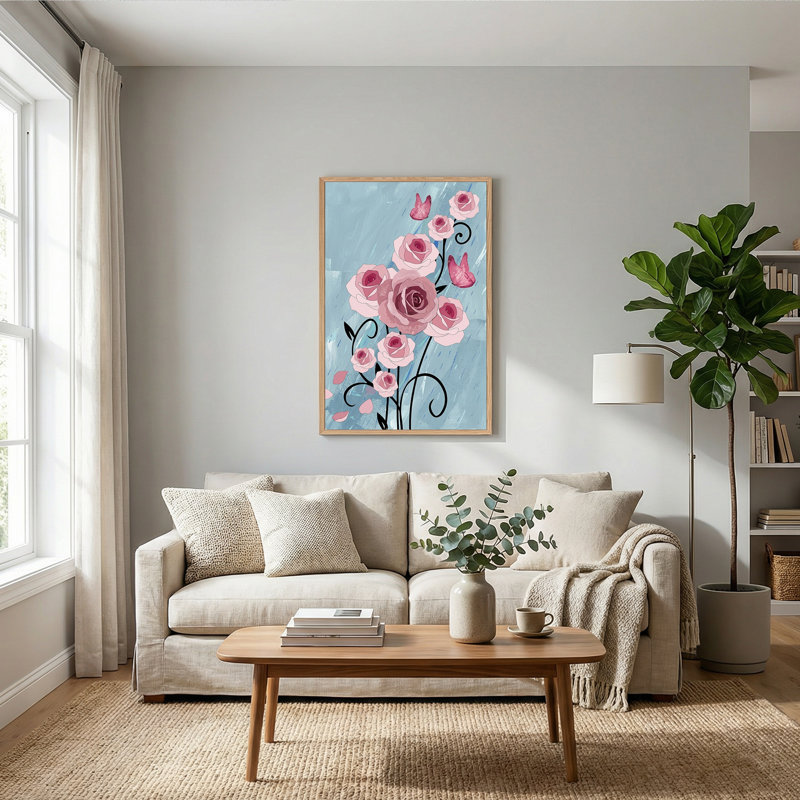 «Pink Roses and Butterflies on Blue», art mural sur toile, 48"H x 36"W
