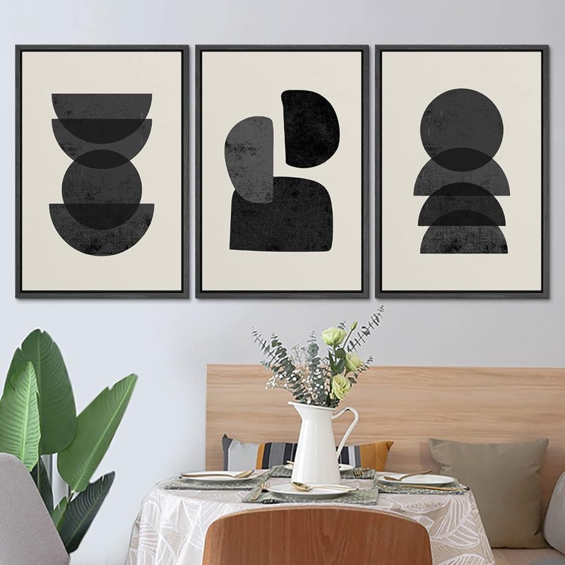 Abstract Geometry " Stacked Circles & Semi-Circles Abstract Shapes Neutral Mid Century Modern Art Black And White " 3 - Pieces