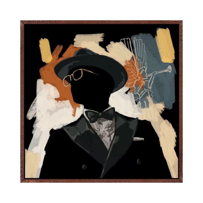 Operatic Black 1 Piece Painting on Canvas, 66.04cm H x 66.04cm W x 3.81cm D, Classic Brown Wood Floater Framed