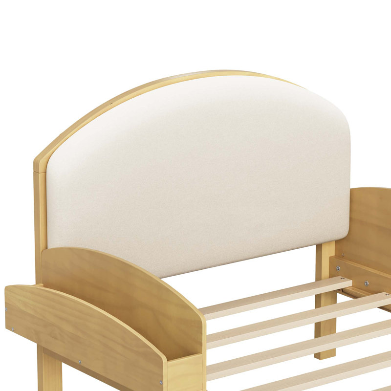 Cadre de lit rembourré moderne avec tête de lit incurvée et rangement latéral, Naturel