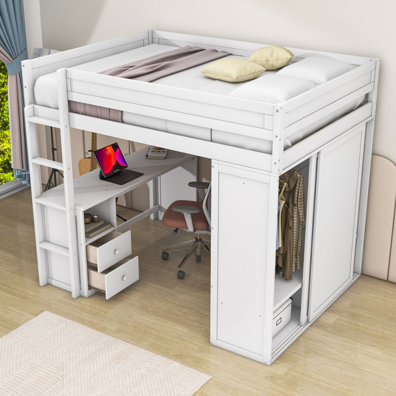 Helfrid 2 Drawer Loft Bed with Built-in-Desk, Full, White