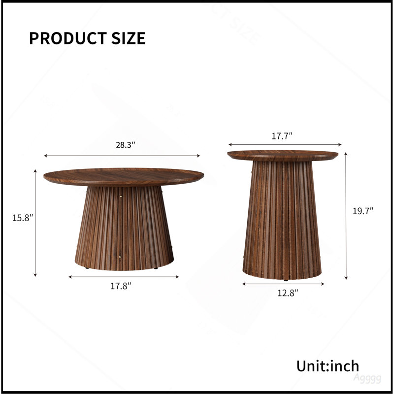 Ensemble de 2 tables basses rondes, grandes et petites tables centrales et d'appoint en bois, finition noyer moderne pour le salon et le bureau