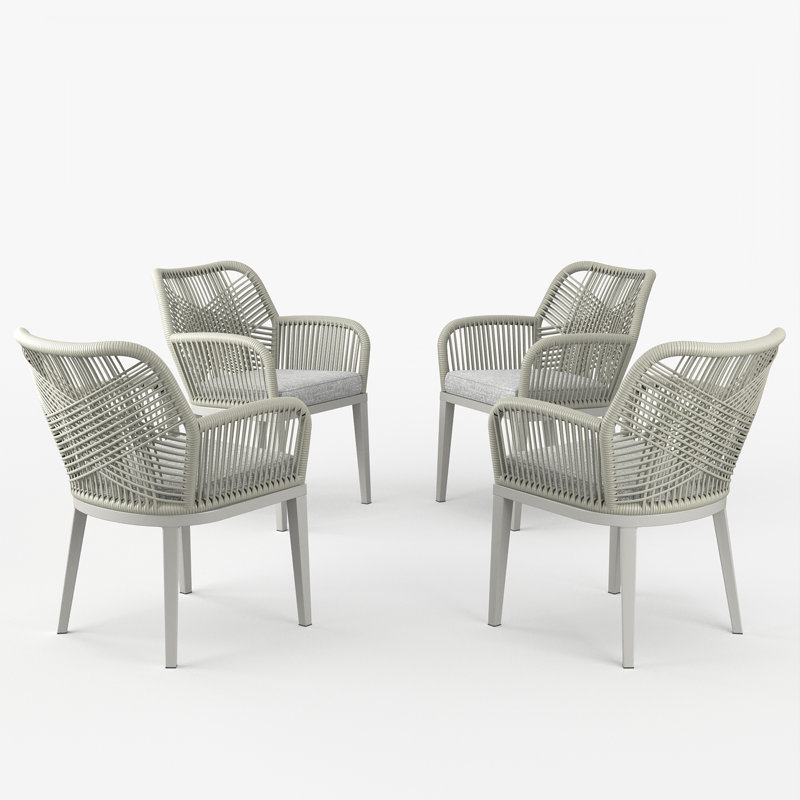 Ensemble de 4 chaises de salle à manger d'extérieur en osier tressé avec coussins (ensemble de 4), 4, Gris clair, Blanc