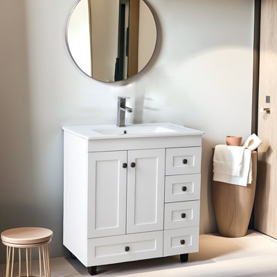 30''Blue Modern Free-Standing Single Bathroom Vanity With Ceramic Top