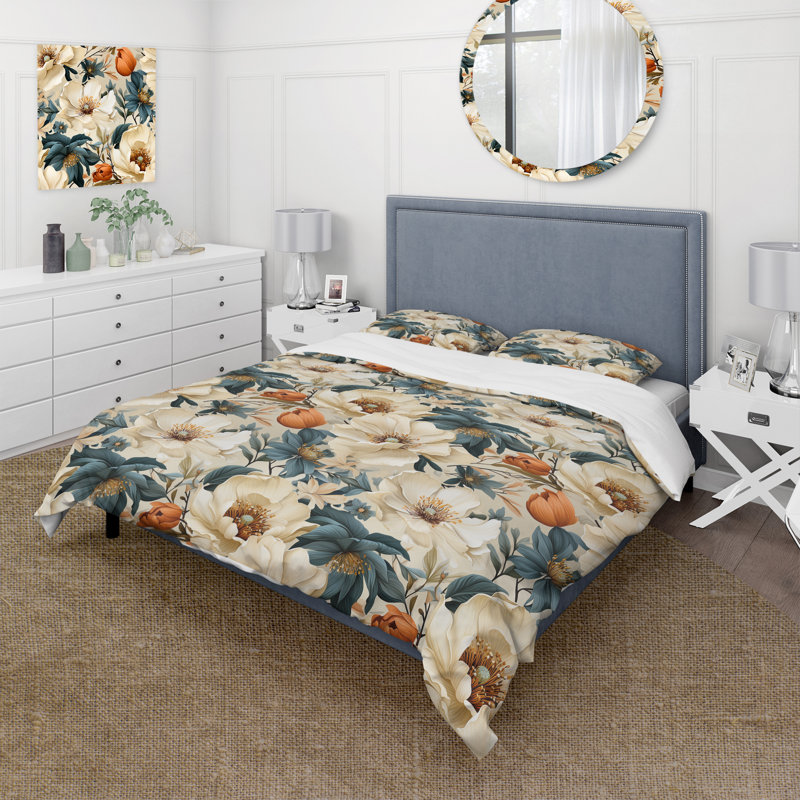 Ensemble de housse de couette Sandy Beige et bleu Hydrangea Tranquility V - Floral