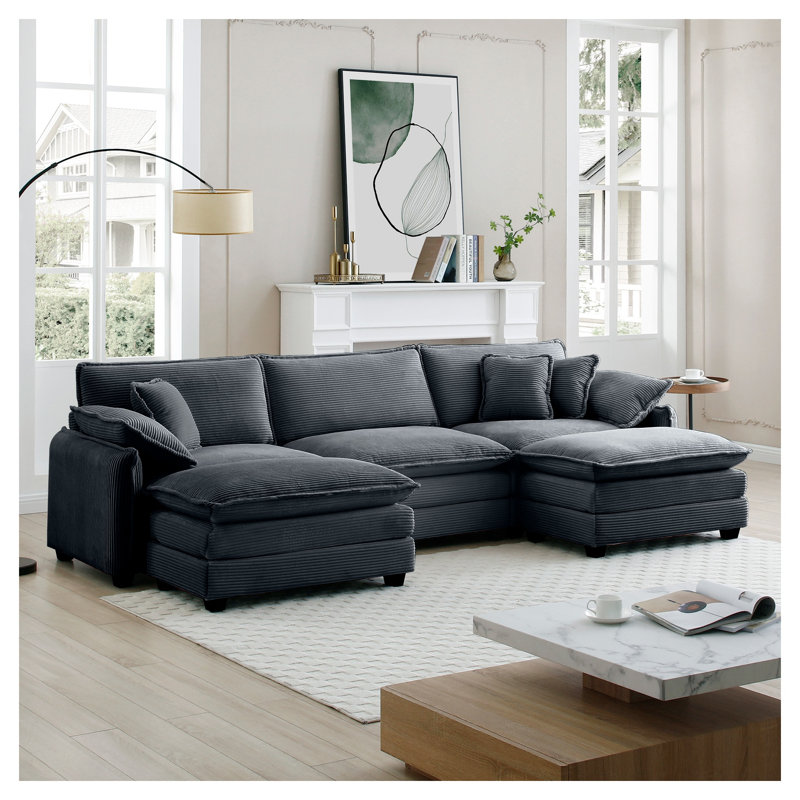 Canapé modulaire en U gris à 3 places modulaire en forme de U avec 2 repose-pieds convertibles, Velours côtelé gris