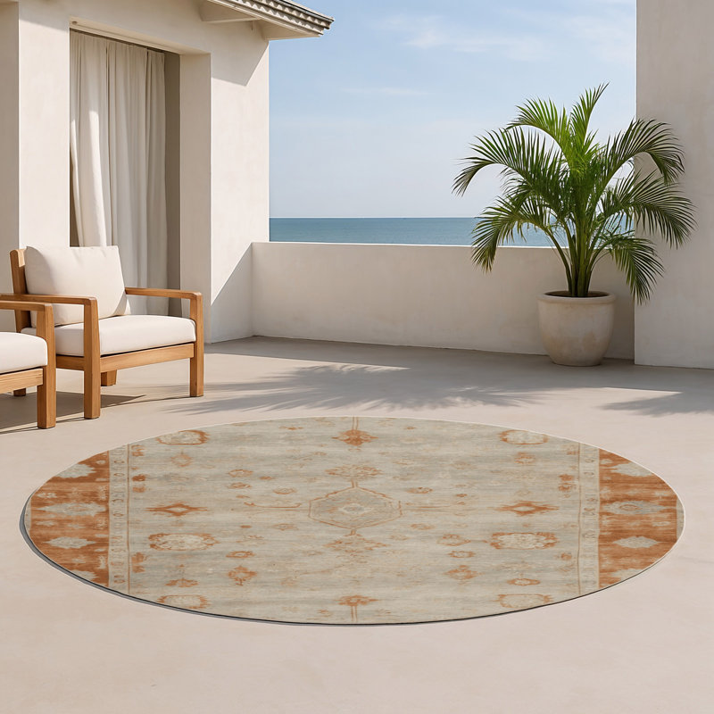 Overdyed Beige Indoor and Outdoor Area Rug, Round 5'