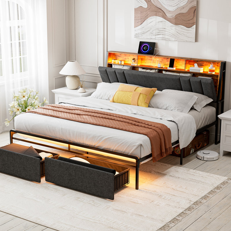 Ivy Bronx Bed Frames With Dustproof Storage Drawer, Ergonomic Hidden Storage Headboard With Charging Station, Upholstered Led Platform Bed, No Box Spring Needed, Easy Assembly