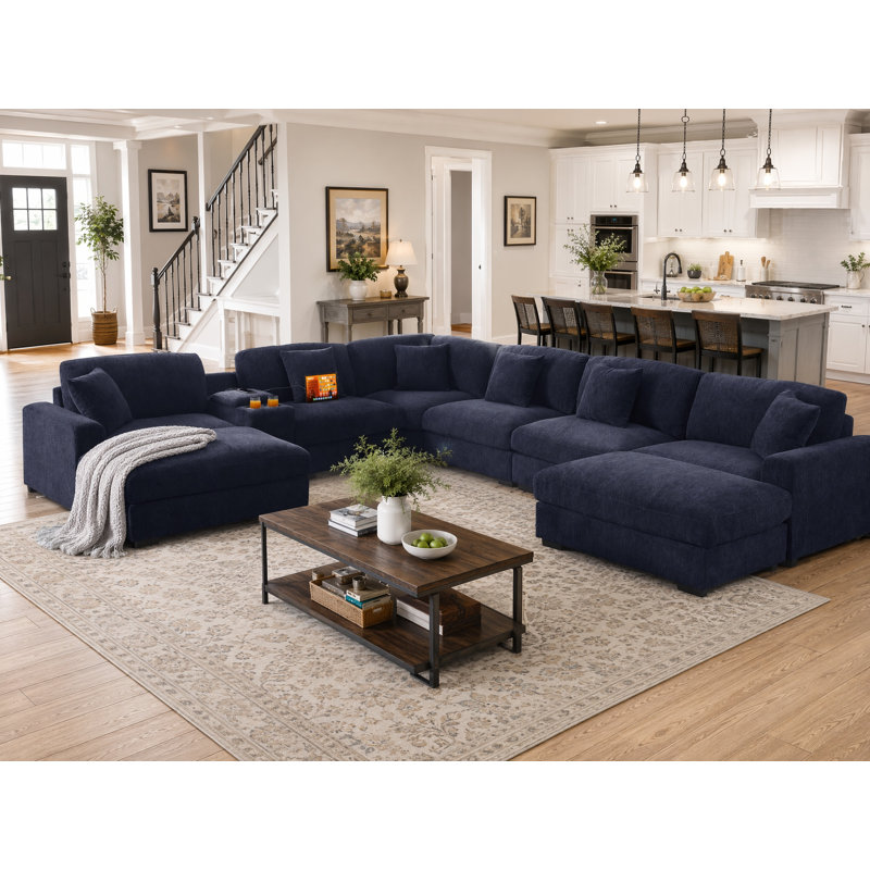 Canapé modulaire surdimensionné en chenille surdimensionné avec deux grands repose-pieds, Chenille bleu foncé