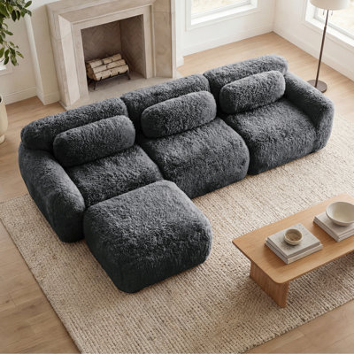 Canapé de 114 po en forme de L doux et moelleux, sans os, avec coussins décoratifs, éponge à haute densité 32D, aucun assemblage requis, connexion par boucle antidérapante, repose-pieds mobile pour le salon, gris foncé