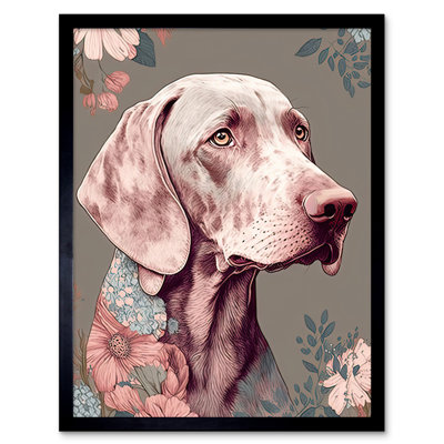 Weimaraner Dog Portrait With Flower Patterns Modern Detailed - Single Picture Frame Print