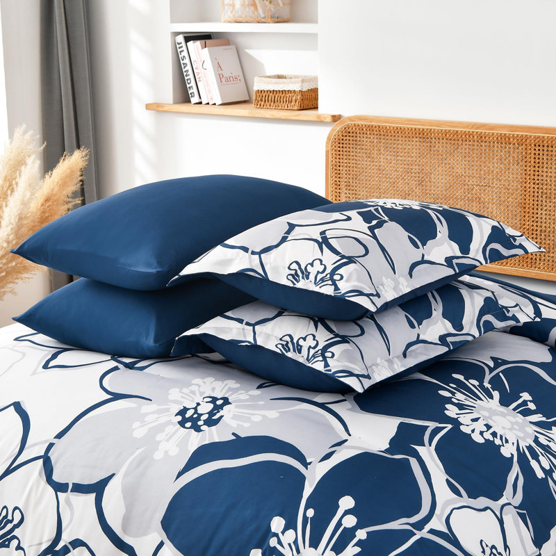 Ensemble d'édredon floral 7 pièces, literie en microfibre douce avec draps pour toutes les saisons, Marine