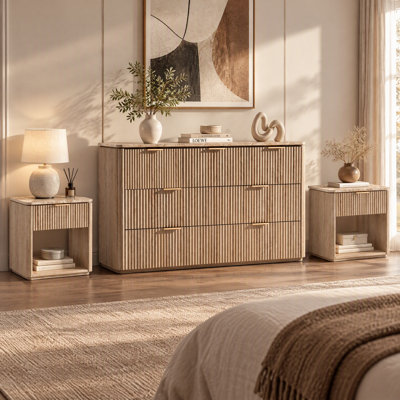 Ensemble de chambre à coucher 3 pièces à panneaux cannelés, commode à 7 tiroirs + 2 tables de chevet, panneaux de 5 cm d'épaisseur et plateau en imitation marbre