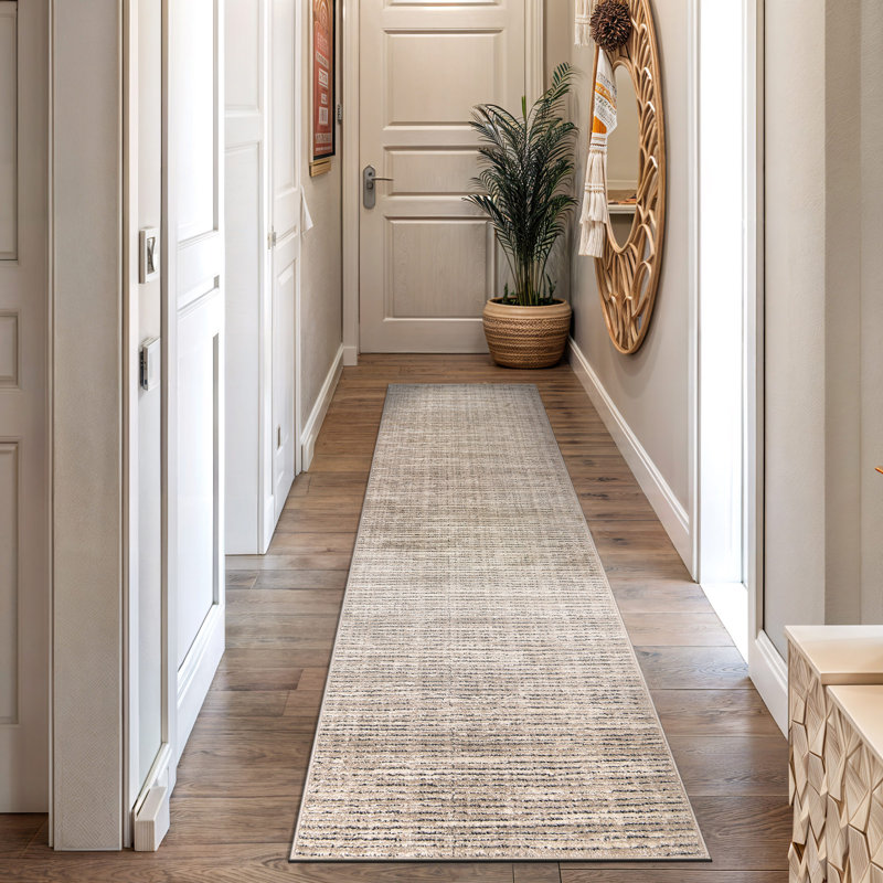 Striped Texture Linen Beige Indoor High-Low Area Rug, Runner 2'3" x 12'
