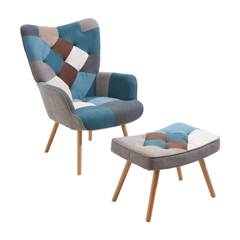 Nadeau Upholstered Accent Chair with Footstool, Grey/Blue