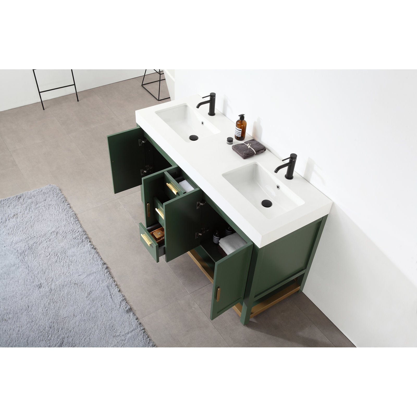 Willard 60" Double Bathroom Vanity, White, Forest Green