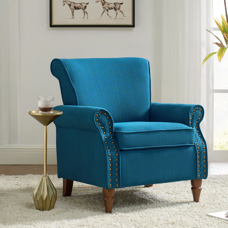 Mooresville 30” Upholstered Armchair with Solid Wood Legs, Navy Polyester