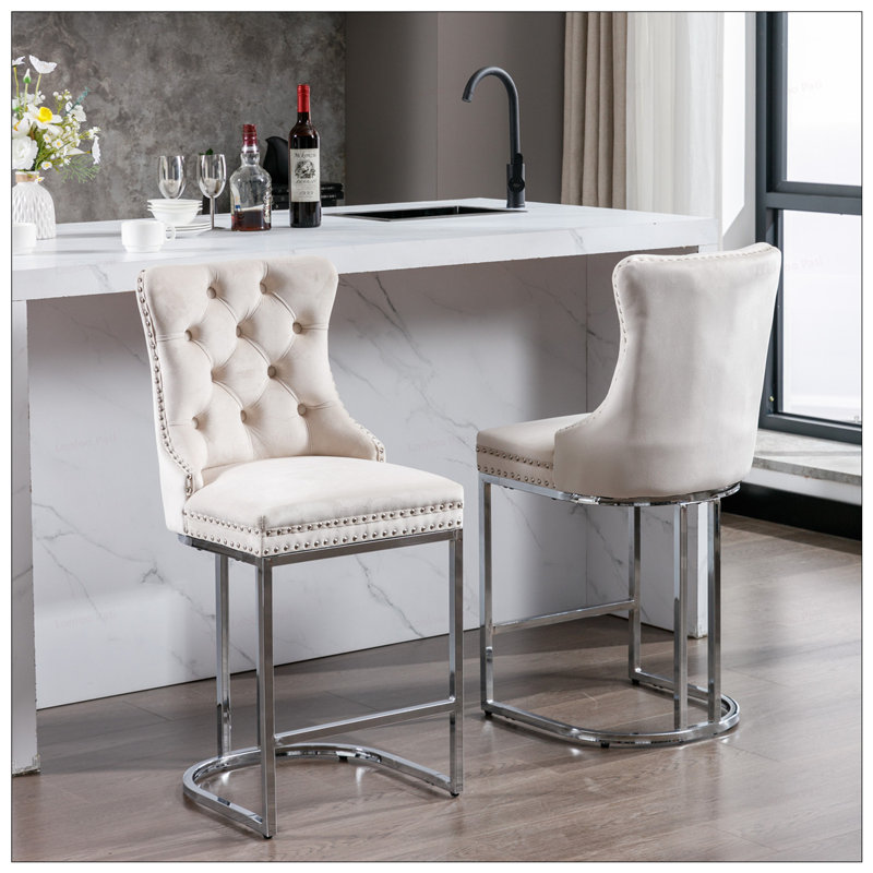 2PCS Counter Height Velvet Barstools With Button Back, Beige