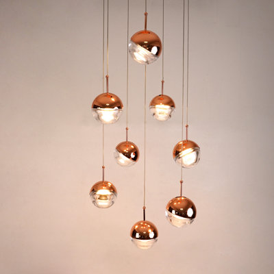Modern 8-light Rose Gold Cascading Chandelier With Dimmable Integrated Led, 45° Adjustable Globe Caps, 118" Extra Long Cord For High Ceilings, Cascade Cluster Pendant Light  For High Ceiling Foyer, Dining Room, Stairwell