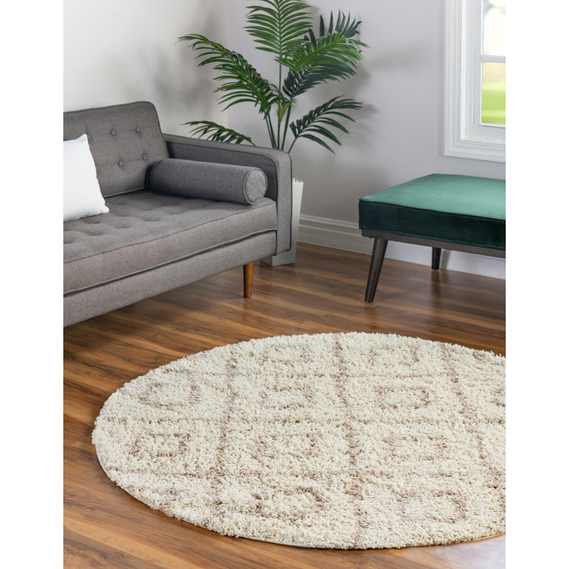 Tapis à poils longs treillis beige Rugs.com, Rond 6 pi