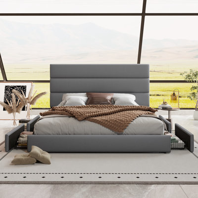 Platform Storage Bed With Wooden Slats And Velvet Upholstered Headboard