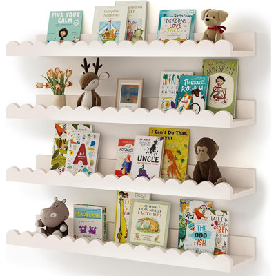 Nursery Floating Book Shelves – 4-pack White Scalloped Wall Shelves For Kids, Toddlers & Baby Rooms, Wall Storage & Nursery Décor by Latitude Run