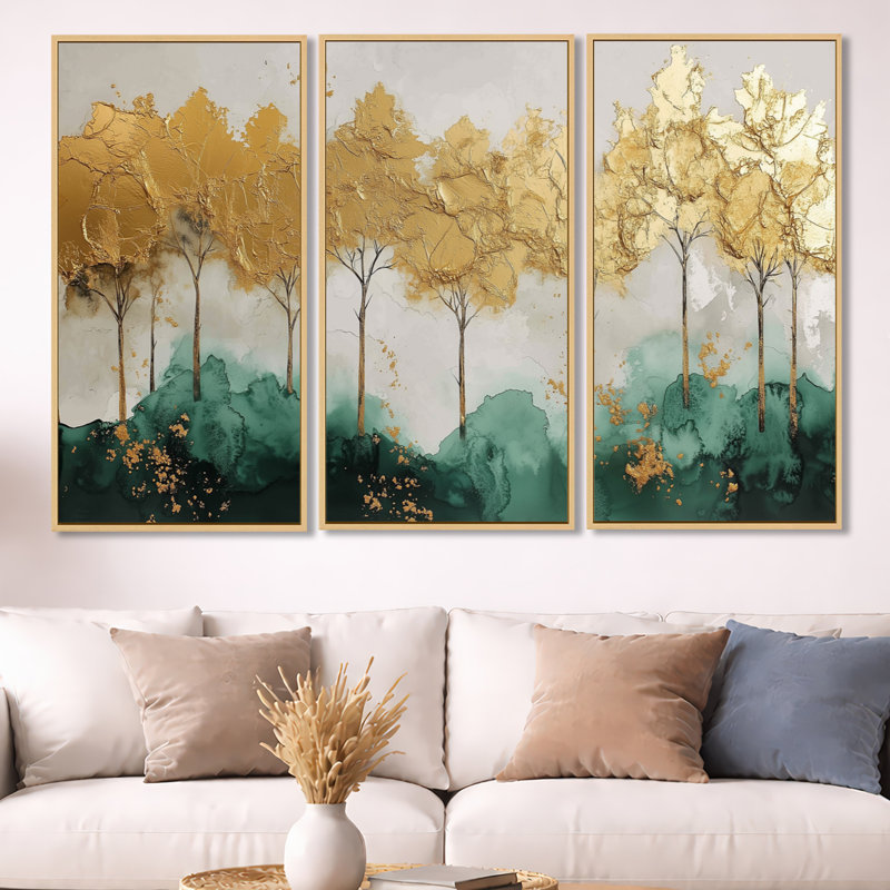 Elegant Gold Forest Line - ensemble d'art mural sur toile Woodland, ensemble de 3, H 40 po x l 60 po, Cadre naturel flottant