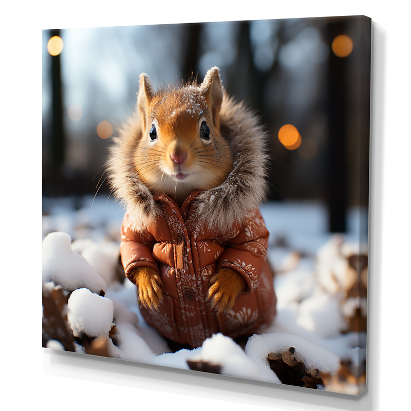 Mignon écureuil avec écharpe dans la neige IV - écureuil, art mural animal, H 30 po x l 30 po x P 1,5 po, Toile tendue