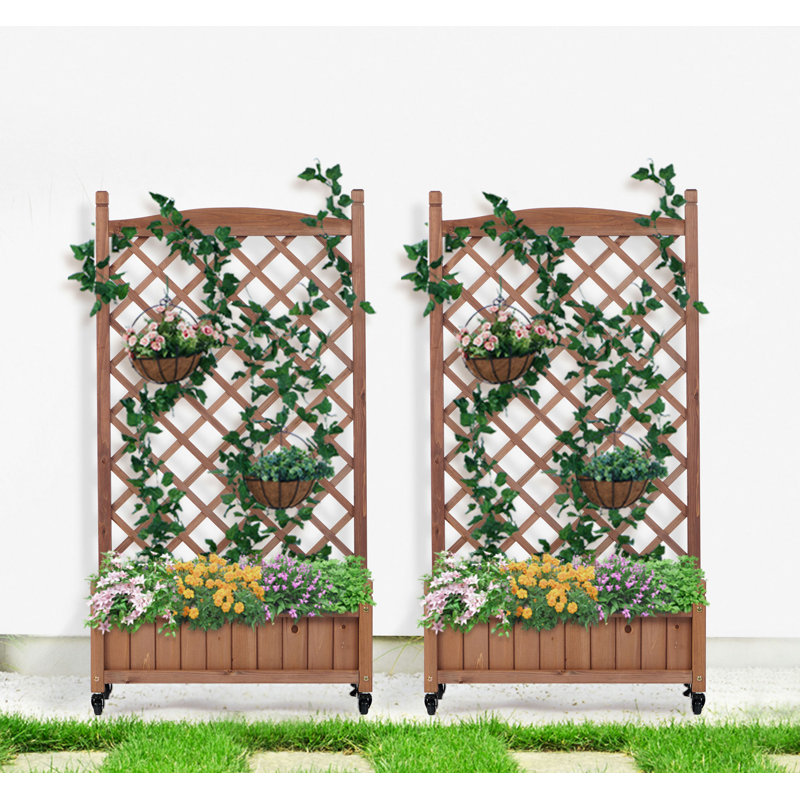 Lit de jardin surélevé avec treillis, ensemble de 2 jardinières en bois et support à plantes avec supports d'escalade