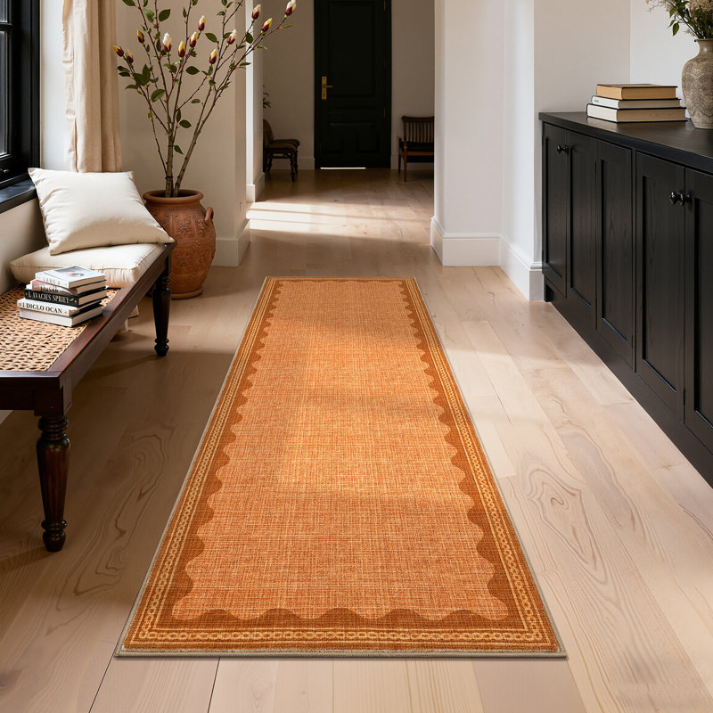Tapis festonné et lavable pour tapis de chambre à coucher moderne, Orange, Tapis de couloir 2 pi x 6 pi