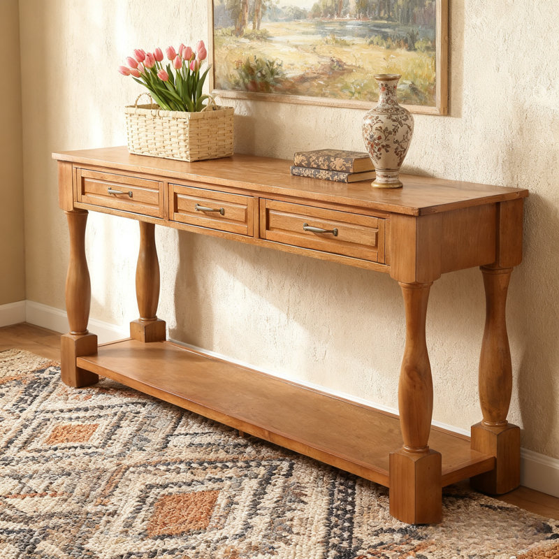 Console en bois avec 3 tiroirs et 1 tablette inférieure pour canapé d'entrée très épais, Brun, Brun