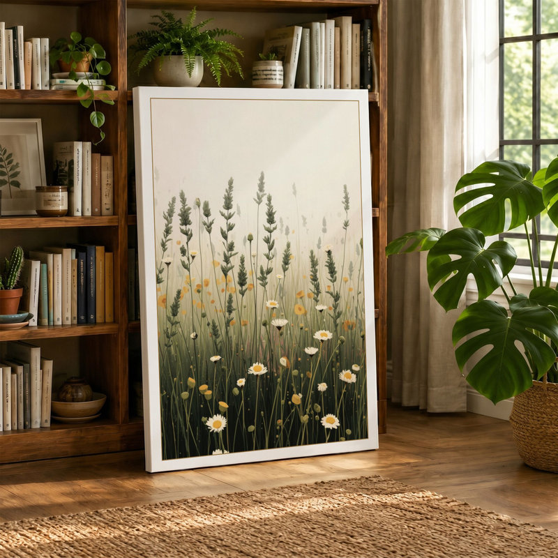 Misty Wildflower Field Botanical - Wrapped Canvas, 24x16 - 61.0 x 40.6 cm, Teal Border