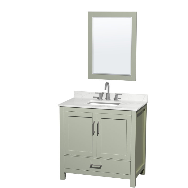 Sheffield 36" Freestanding Single Bathroom Vanity with Quartz Top with 24" Mirror, Giotto Quartz, Green, Brushed Nickel