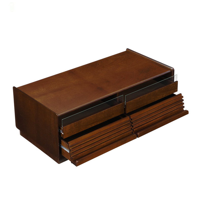 Table basse moderne rectangulaire avec 4 tiroirs et 2 tablettes de présentation, table basse en bois de style cannelé de 47,2 po pour le salon