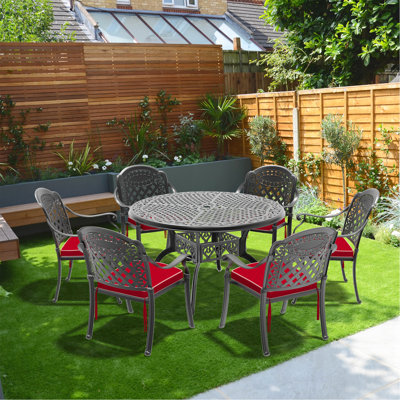 Ensemble de 7 meubles de patio en aluminium coulé avec cadre noir et coussins de siège rouges