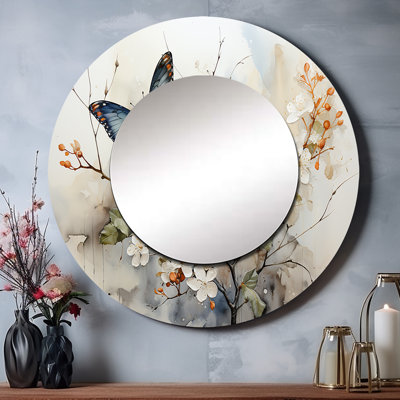 Blue White Butterfly Glimpse Of Serendipity - Butterfly Wall Mirror, Modern Round Decorative Mirror, Printed Metal Art