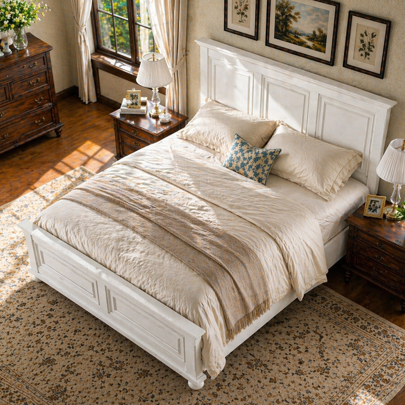 Lit plateforme en bois massif Demint, Grand, Blanc