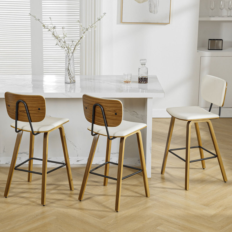 Cream PU Leather Upholstered Counter Stools with Walnut Wood Legs