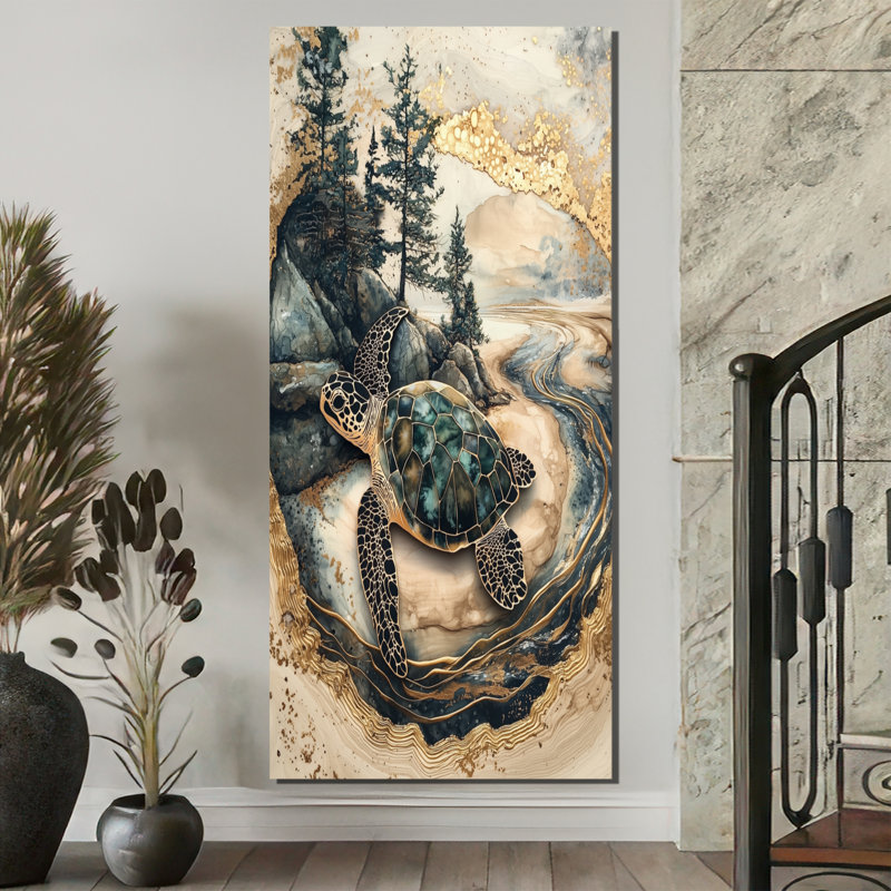 Corojo Turtle on Forest Landscape Collage - tortue, art mural grand, H 60 po x l 28 po, Toile tendue, Ne s’applique pas