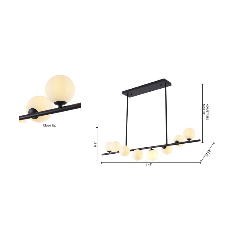 Lustre moderne 8 lumières noir avec abat-jour en verre, Noir, noir, noir, noir