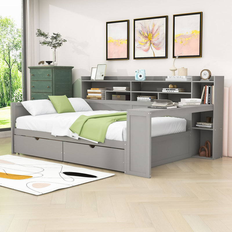 Wood Daybed with Two Storage Drawers and Shelves, Full/Double