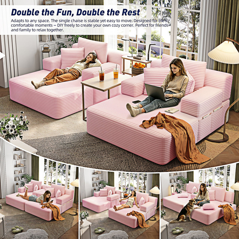 Canapé-lit convertible avec méridienne avec poches de rangement et coussins, Velours côtelé rose