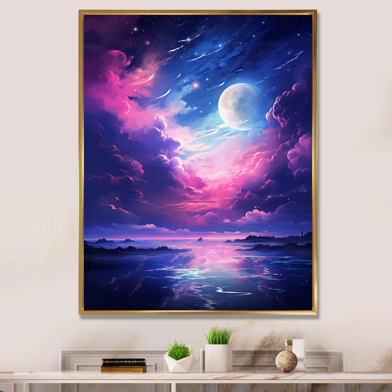 Lune en nuages mauves bleus, H 40 po x l 30 po x P 1,5 po, Cadre flottant doré
