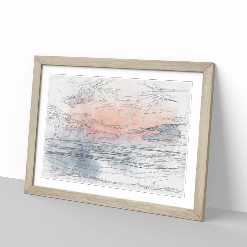 Sea & Clouds in Blue & Pink in Abstract - Picture Frame Graphic Art Print, Oak, 60cm H x 91cm W x 2cm D
