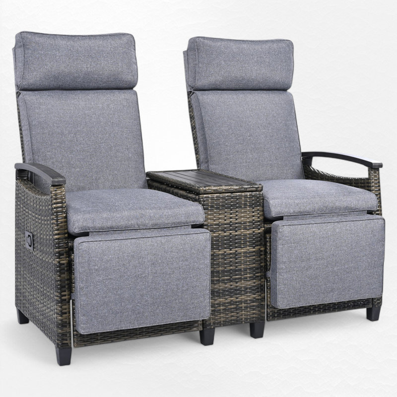 Outdoor Wicker Reclining Loveseat With Storage Table, Grey Cushion/Grey Frame