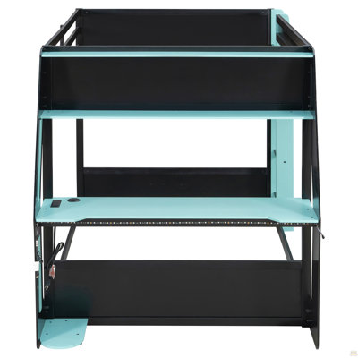 Full-Size Gaming Bunk Bed with Side-Mounted Oversized RGB Desk, USB Charging Ports & Cable Grommet, LED Light Strip, Heavy-Duty Esports Loft Frame