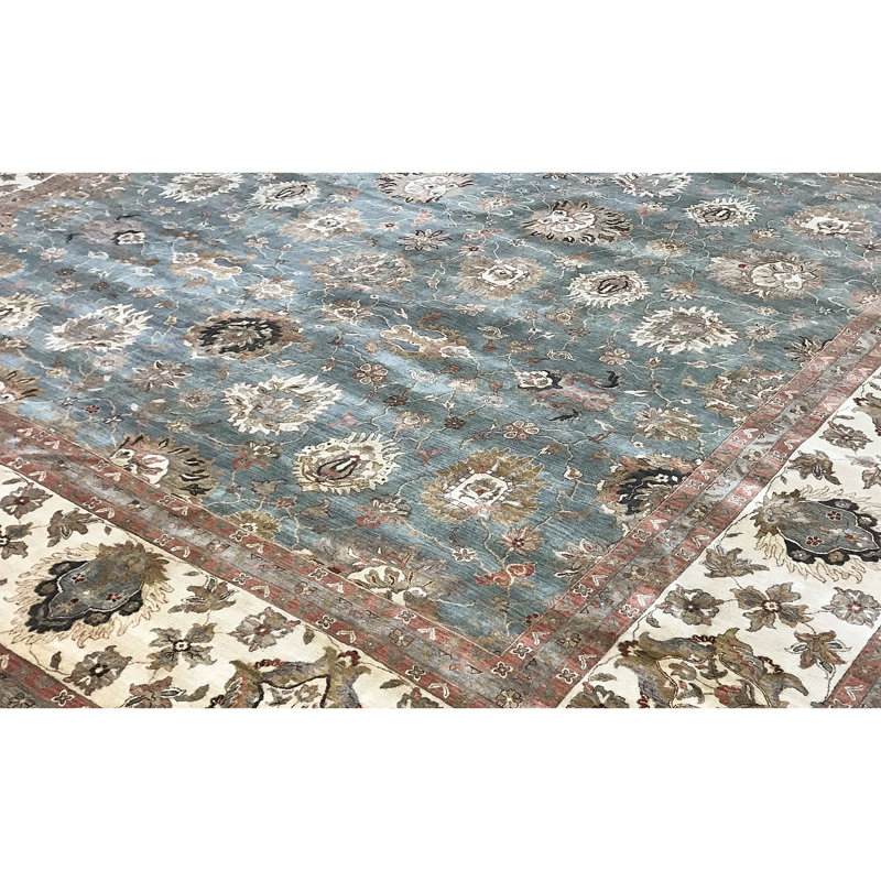 Tapis bleu clair et ivoire noué à la main de haute qualité