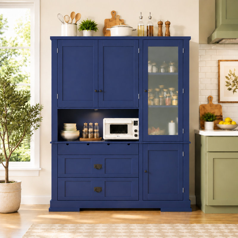 Buffet de cuisine sur pied 63,3 "avec huche, grande armoire de rangement avec poste de travail pour micro-ondes, 3 tiroirs, 4 tablettes réglables et porte en verre