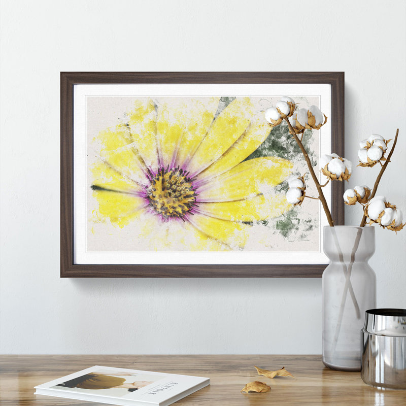 Yellow Gerbera Flower Watercolour - Framed Print, 62cm H x 87cm W x 2cm D, Walnut